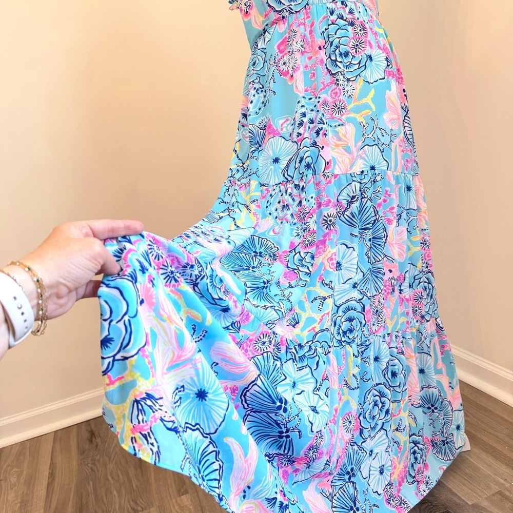 Lilly Pulitzer Floral Maxi Dress Women Size 8 Blue Pink Ruffle Tiered Resort - Picture 8 of 9